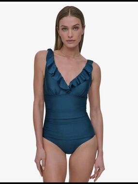 DKNY Women's Ruffle V-Neck One Piece Swimsuit with Tummy Control #1269